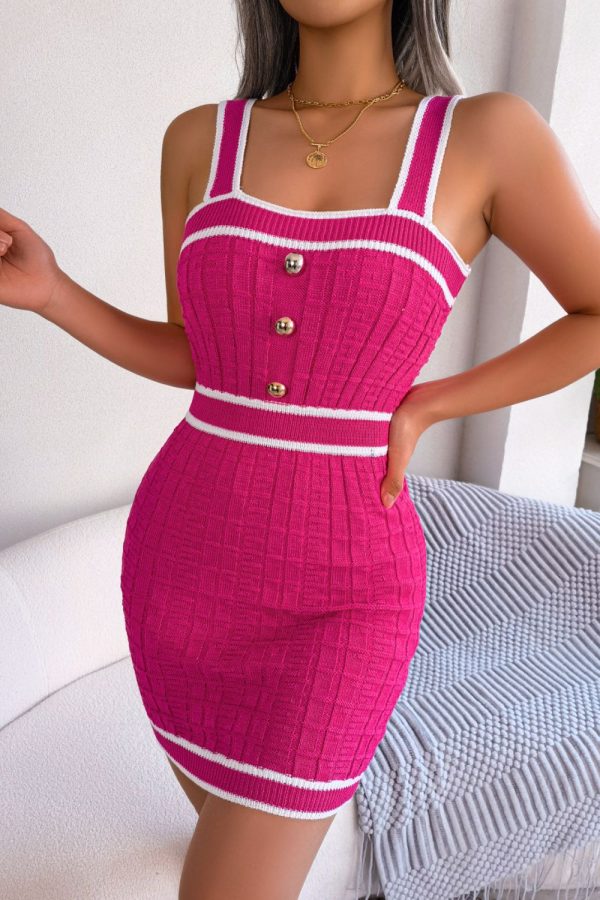 Contrast Trim Decorative Button Sleeveless Knit Dress For Discount